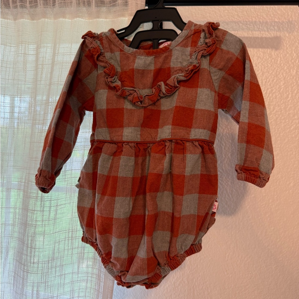 RUFFLEBUTTS Darling Plaid Gingham Ruffle Baby Bubble Romper Rust + Gray 12-18m